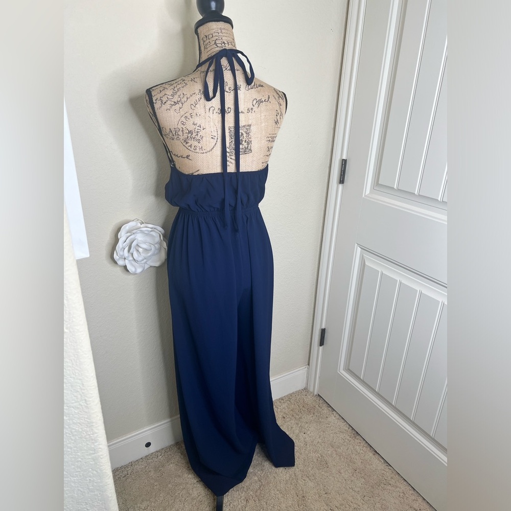 NTM: Tyche Navy Halter Cutout Wide-Leg Jumpsuit Flowy Boho Wear One-Piece Size L - Picture 16 of 16